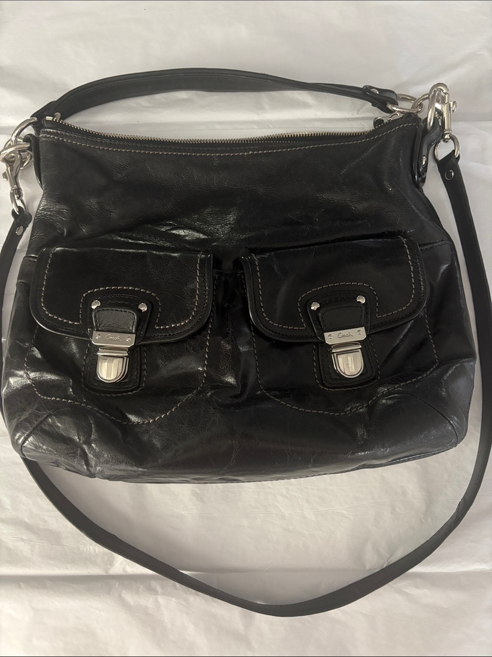 Coach Poppy black waxed leather hobo